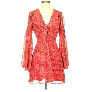 Vici Red Floral Patterned Bell Sleeve Mini Dress - Size X Small - Very Good Cond